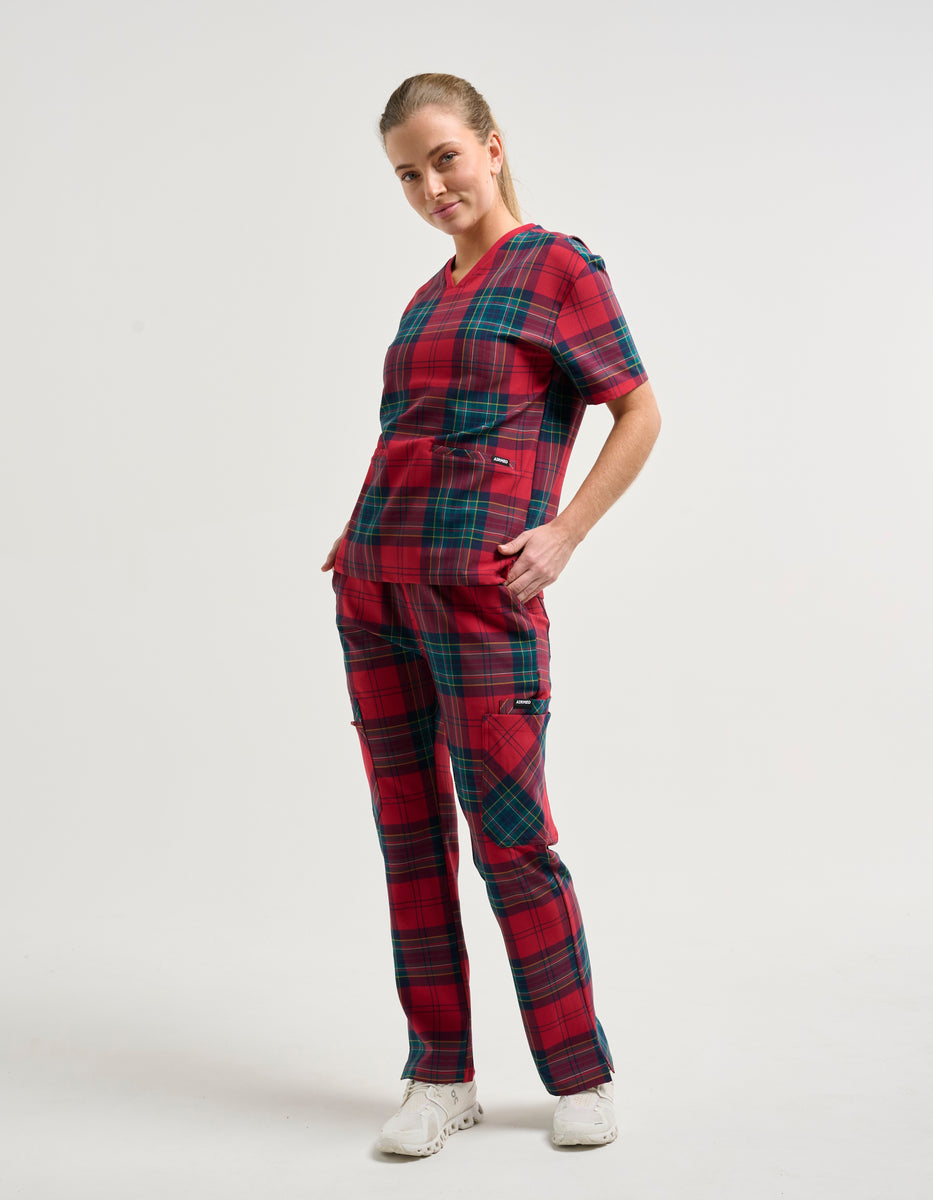 Essential V Neck Scrub Top Christmas Red Tartan Airmed Scrubs