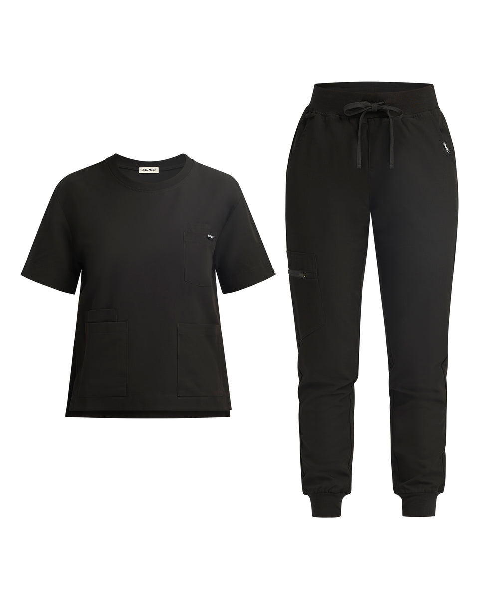 Black Crewneck and Scrub Jogger Set Airmed Scrubs
