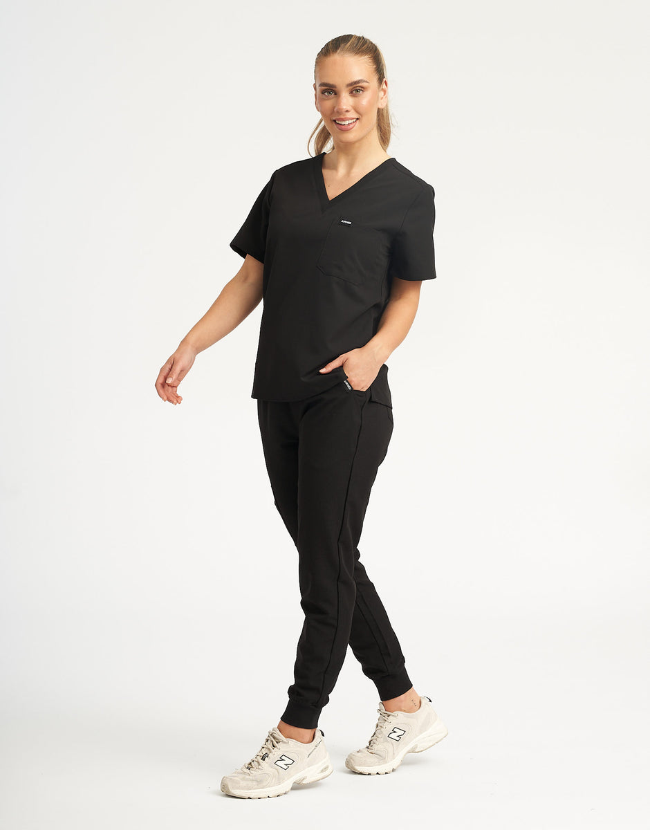 Essential One Pocket V Neck Scrub Top Black Airmed Scrubs