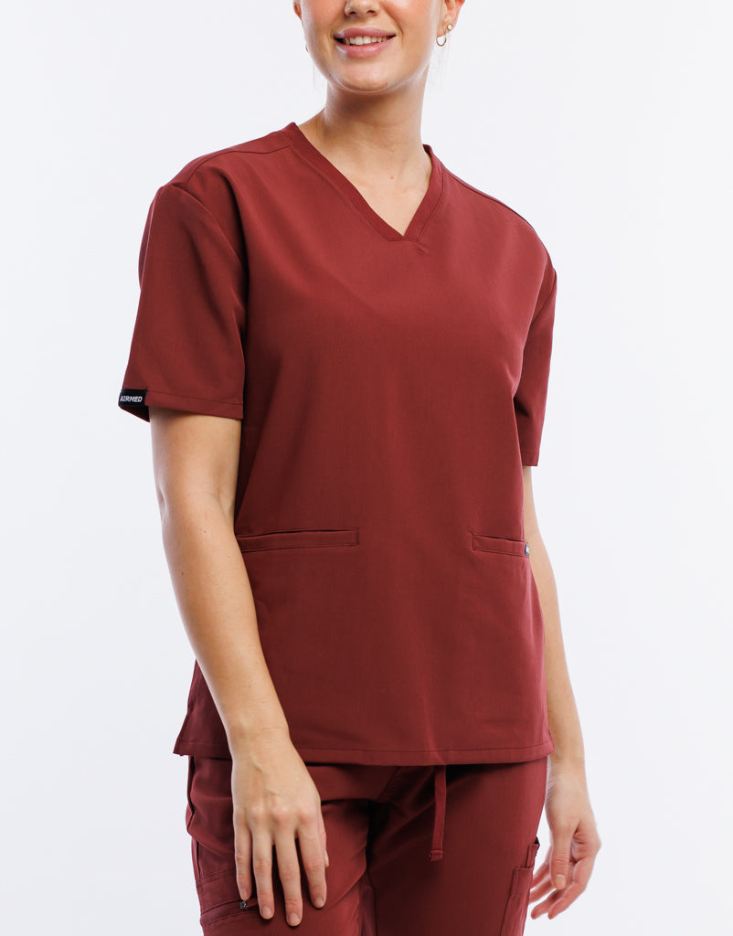 Essential V Neck Scrub Top Bordeaux Red Airmed Scrubs