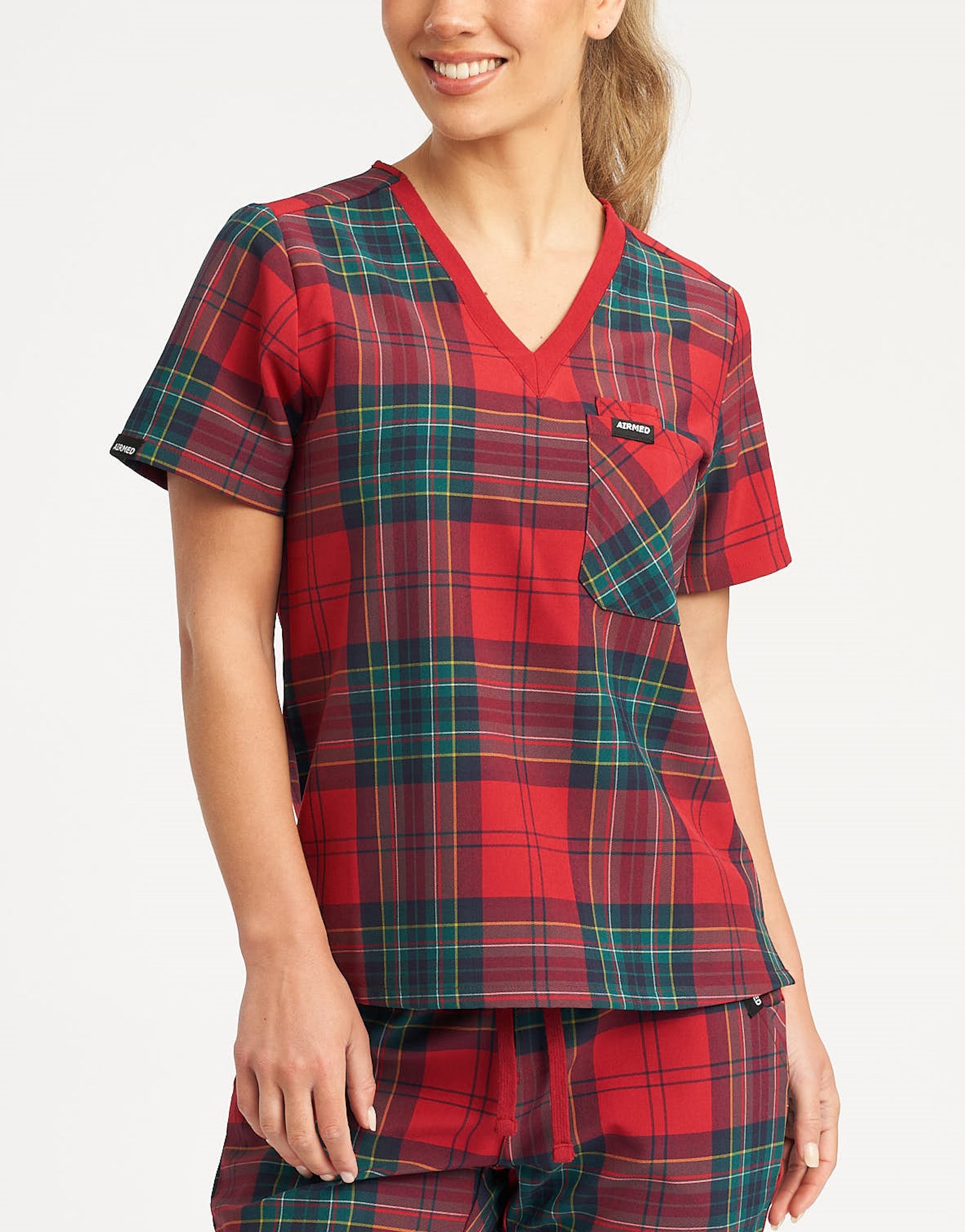 Essential One Pocket V Neck Scrub Top - Christmas Red Tartan