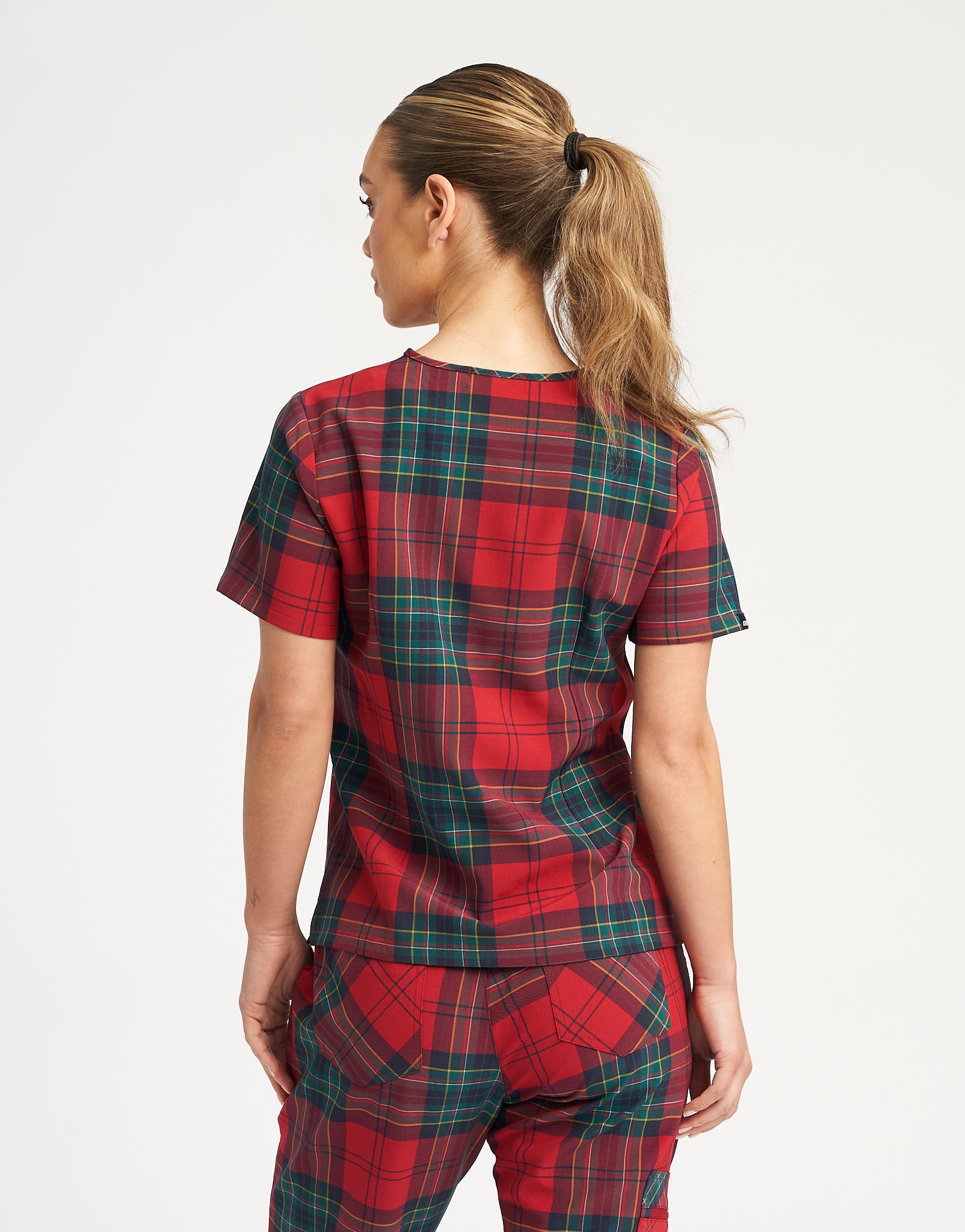 Essential One Pocket V Neck Scrub Top - Christmas Red Tartan