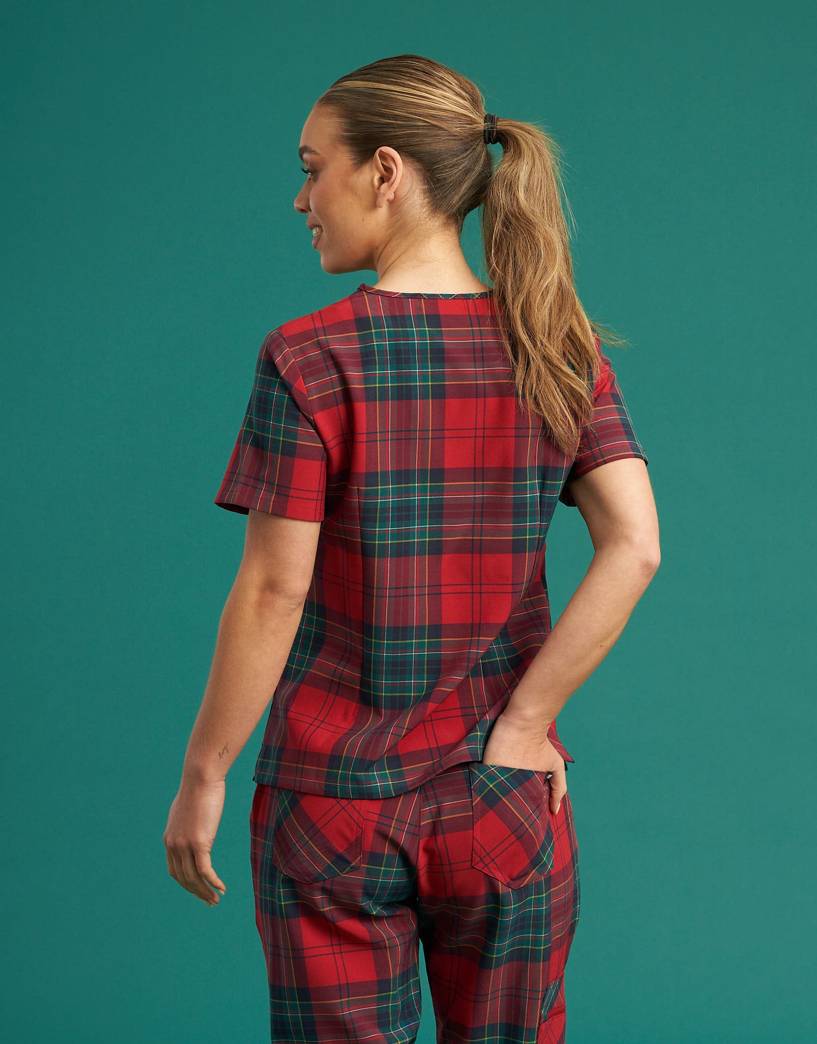 Essential One Pocket V Neck Scrub Top - Christmas Red Tartan