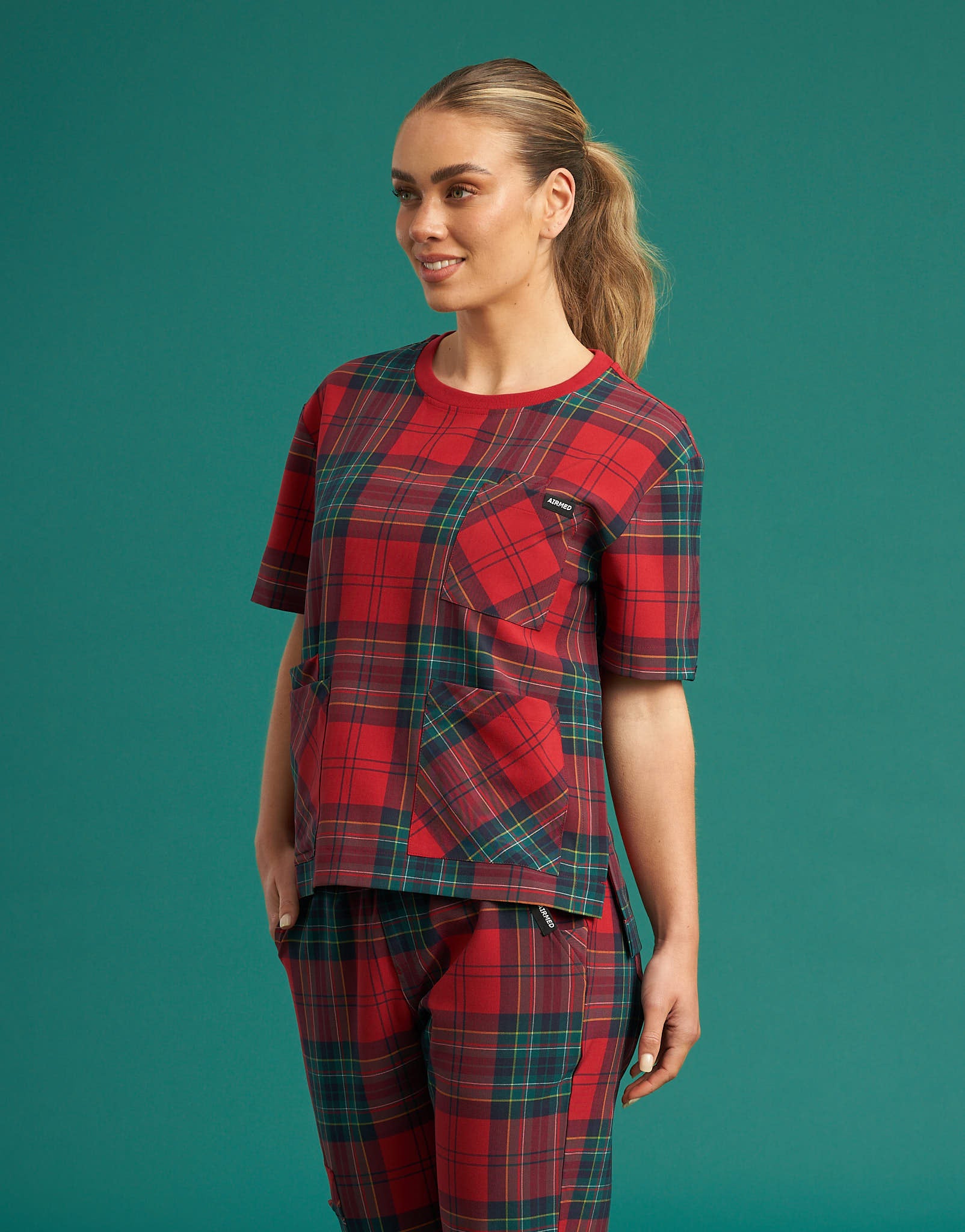 Essential Crewneck Scrub Top - Christmas Red Tartan