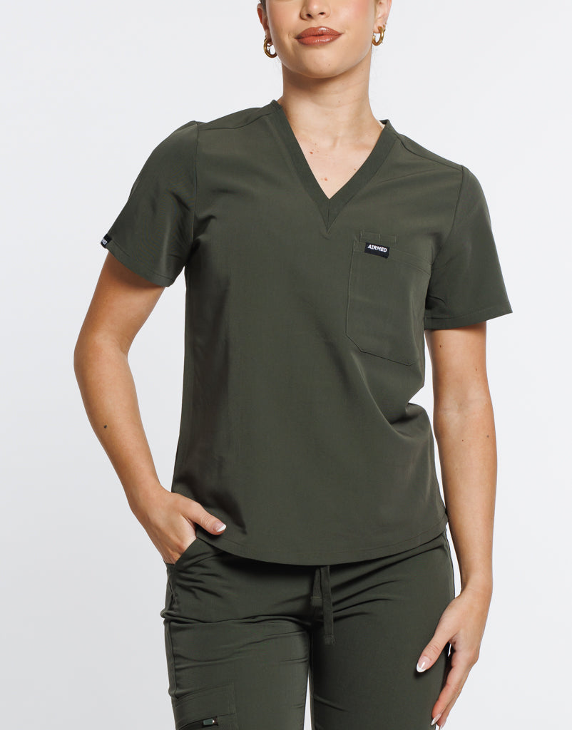 Essential One Pocket V Neck Scrub Top Khaki Green Airmed Scrubs