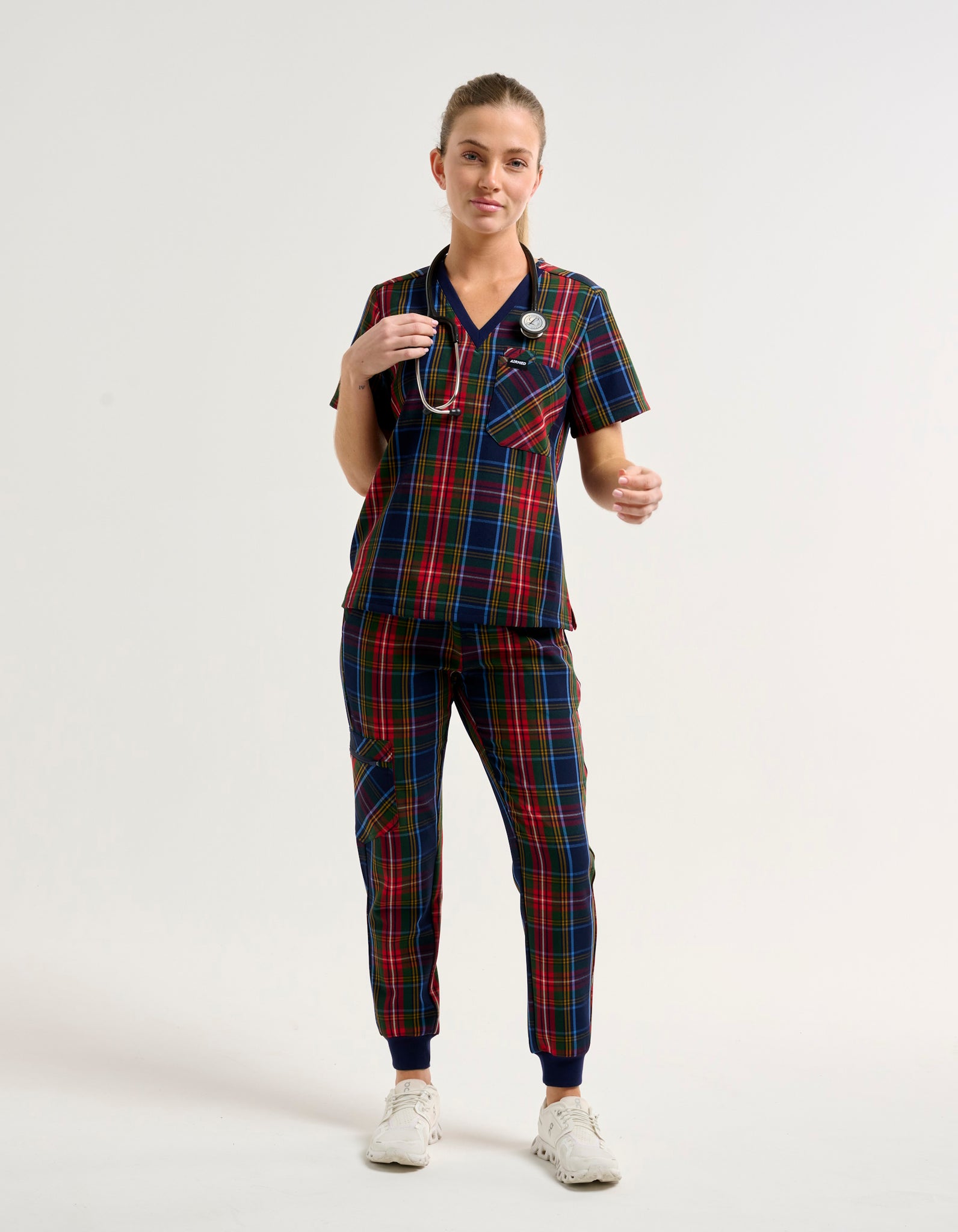 Essential One Pocket V Neck Scrub Top - Christmas Blue Tartan