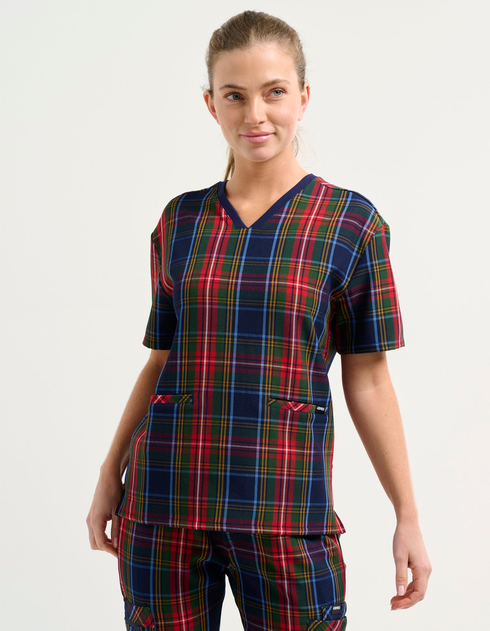 Essential V Neck Scrub Top - Christmas Blue Tartan