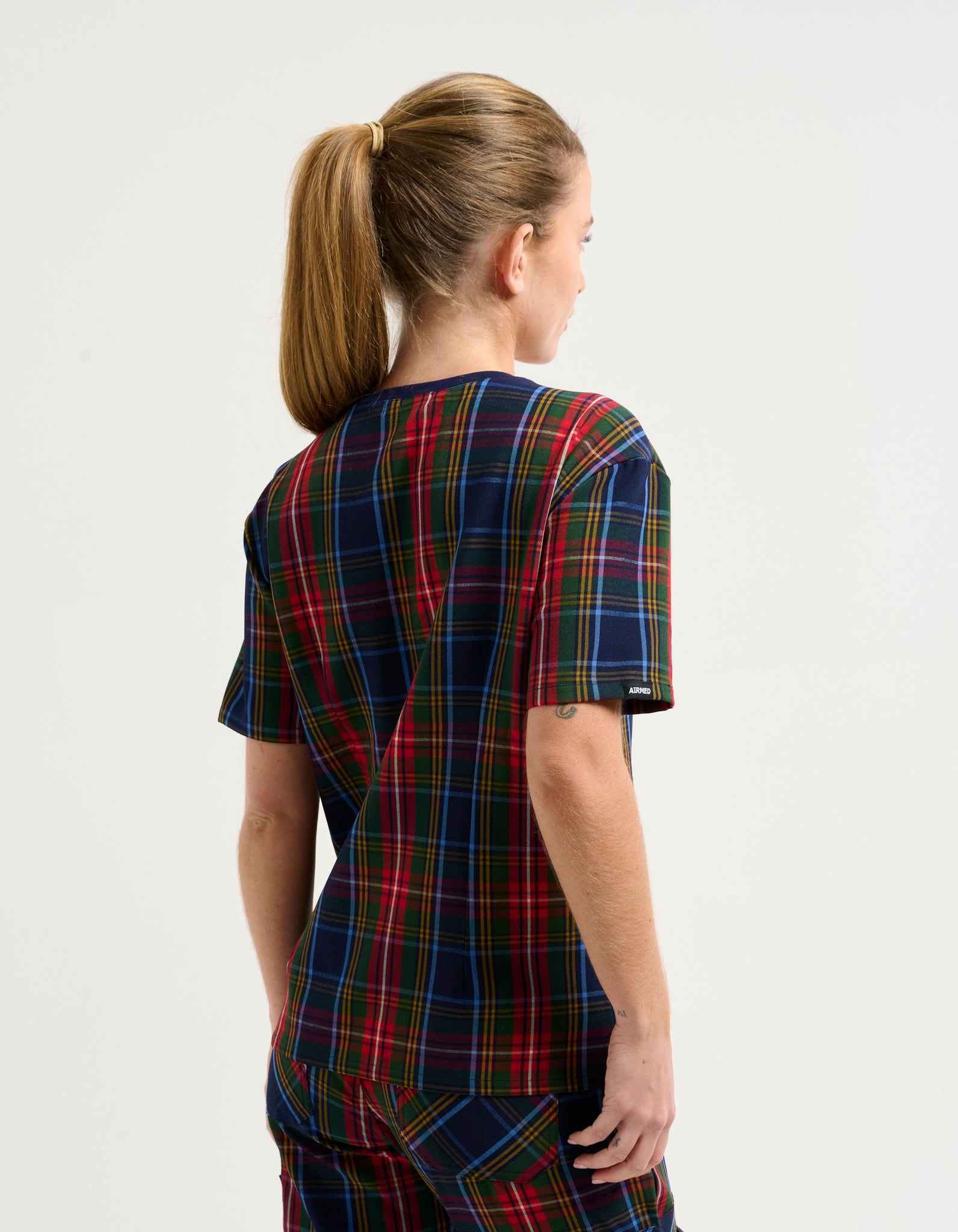 Essential V Neck Scrub Top - Christmas Blue Tartan