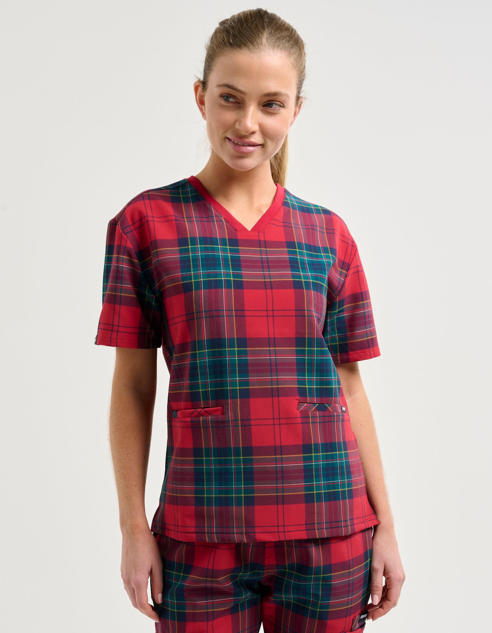 Essential V Neck Scrub Top - Christmas Red Tartan