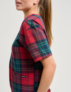 Essential V Neck Scrub Top - Christmas Red Tartan