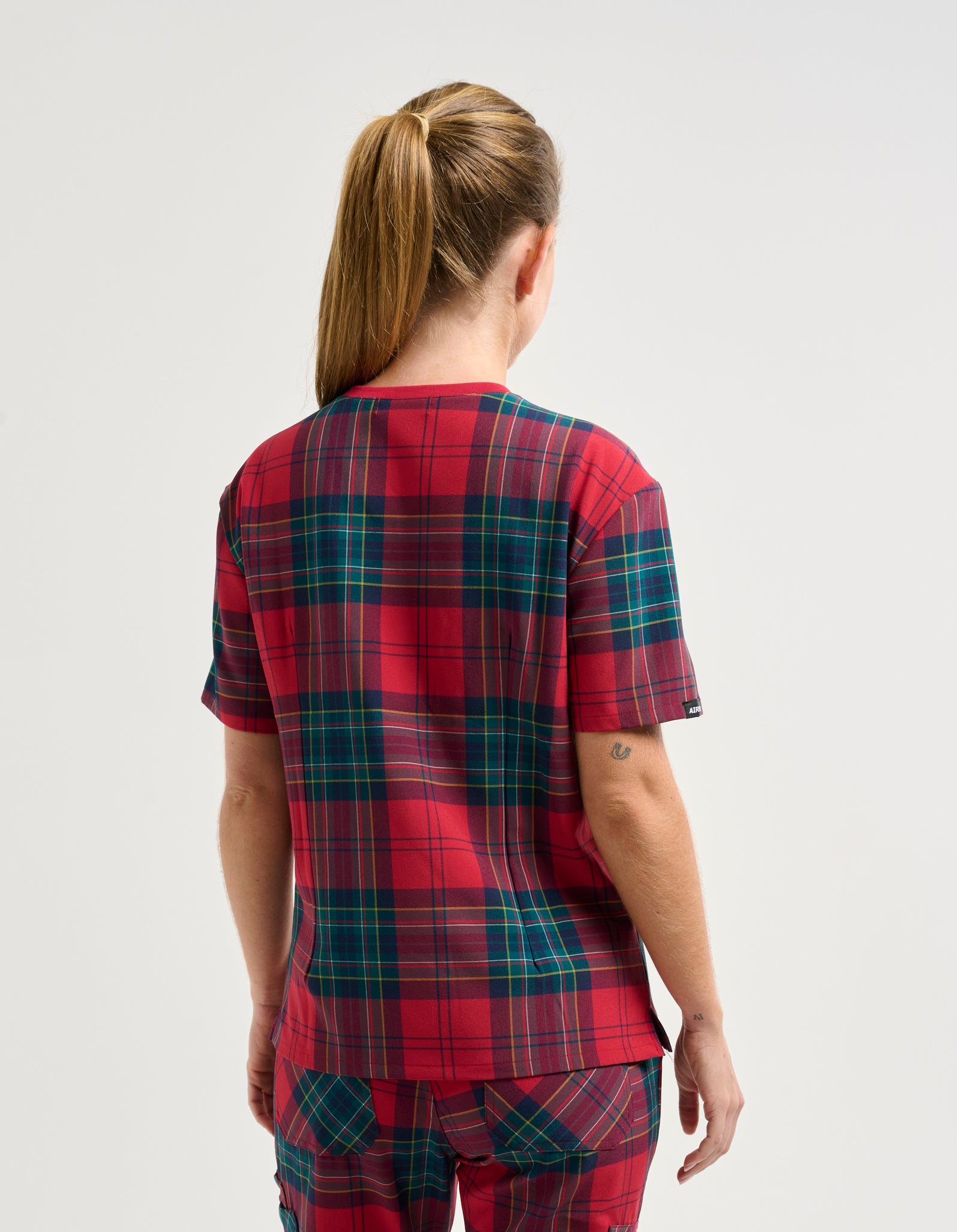 Essential V Neck Scrub Top - Christmas Red Tartan