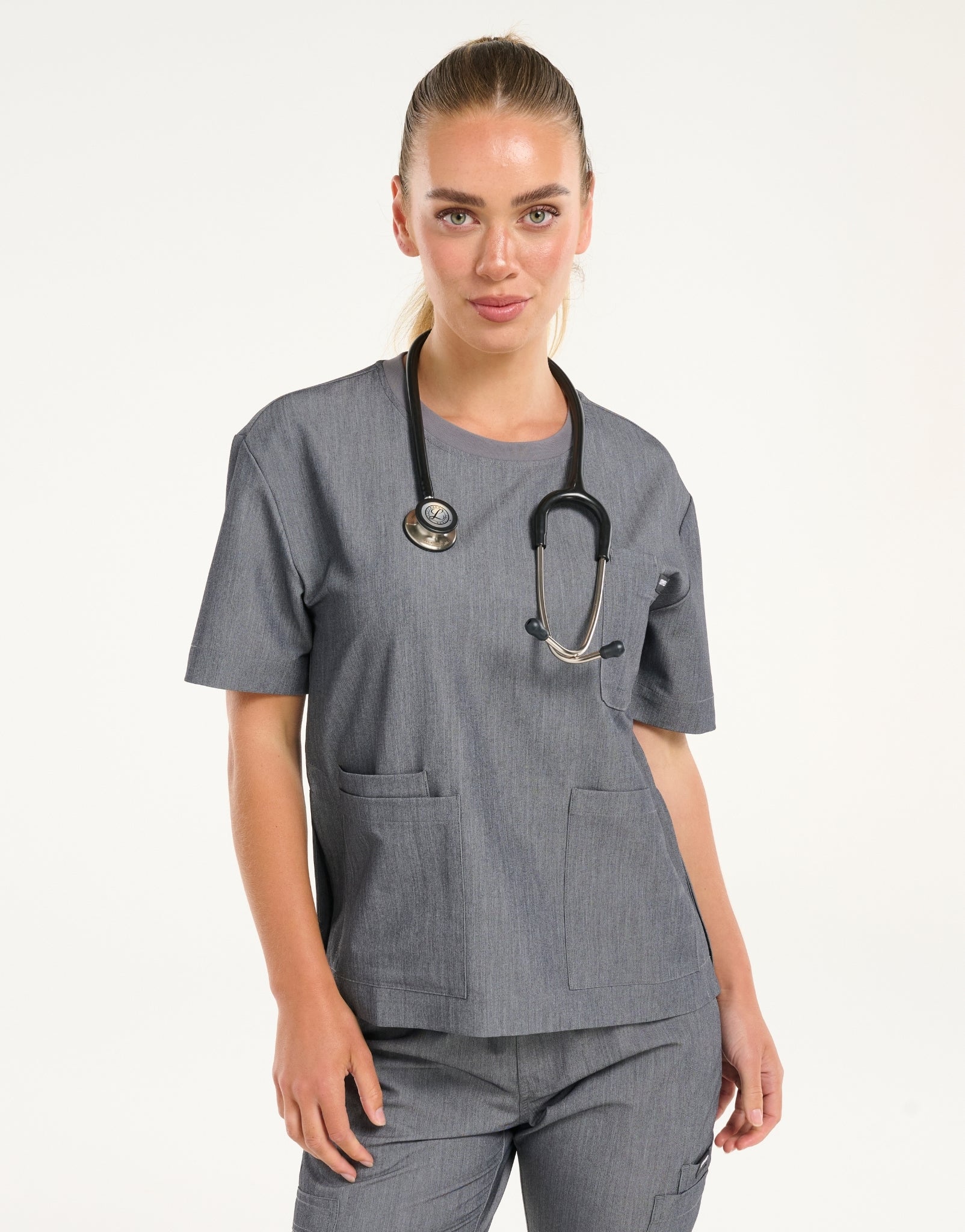 Essential Crewneck Scrub Top - Heather Grey