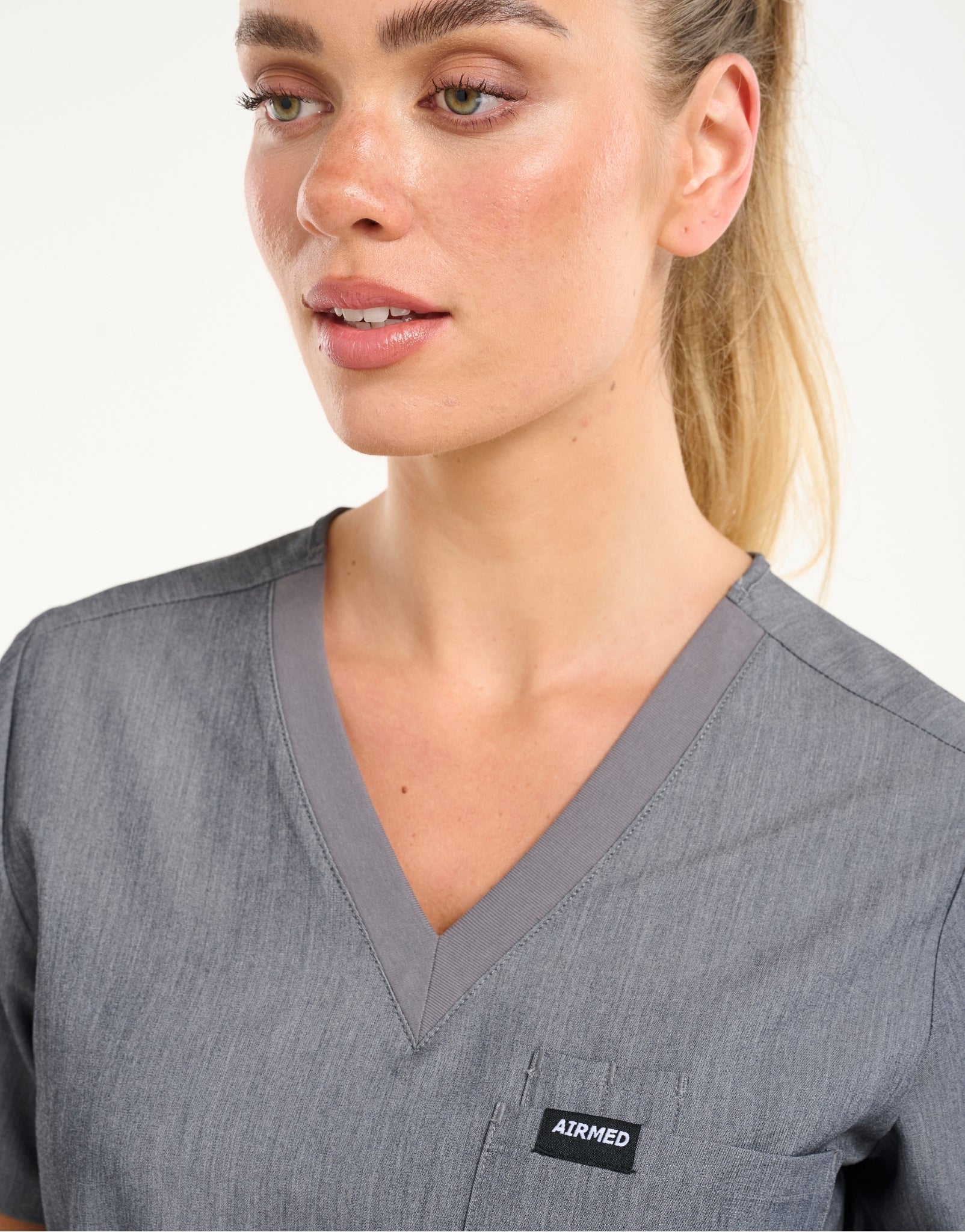 Essential One Pocket V Neck Scrub Top - Heather Grey