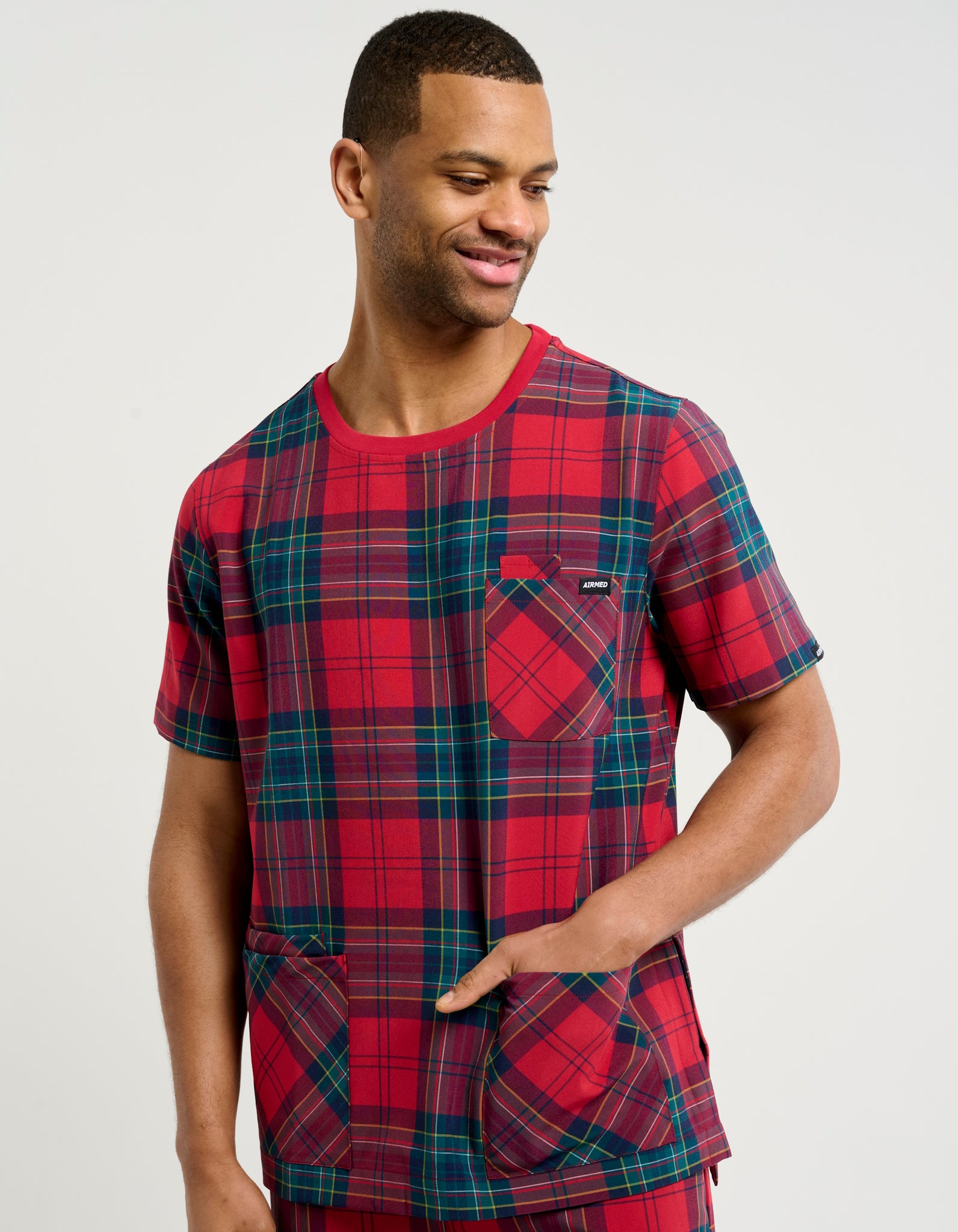 Essential Crewneck Scrub Top - Christmas Red Tartan