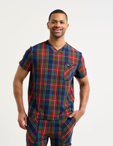 Essential V Neck Scrub Top - Christmas Blue Tartan