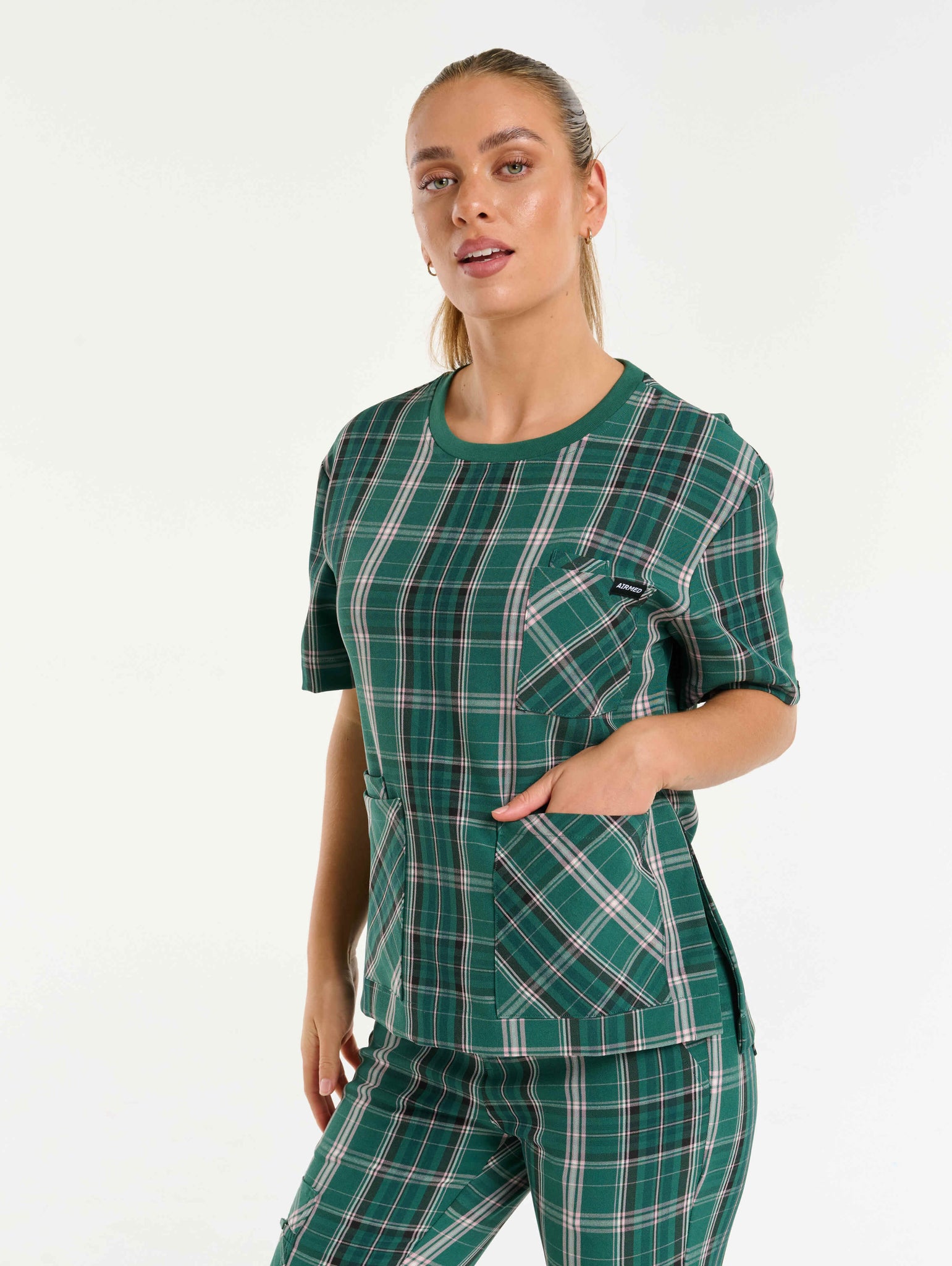 Essential Crewneck Scrub Top - Pink & Green Tartan