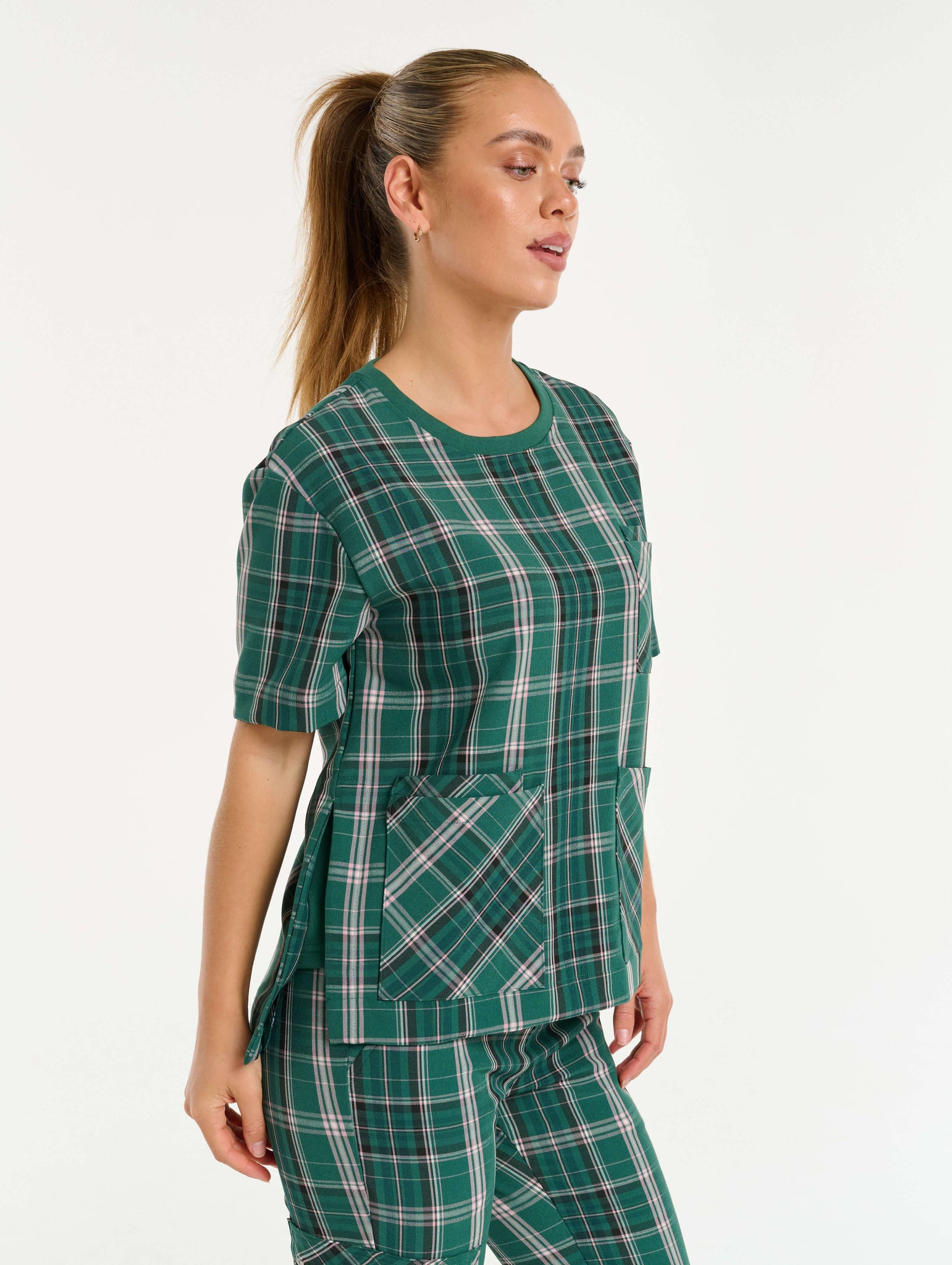 Essential Crewneck Scrub Top - Pink & Green Tartan
