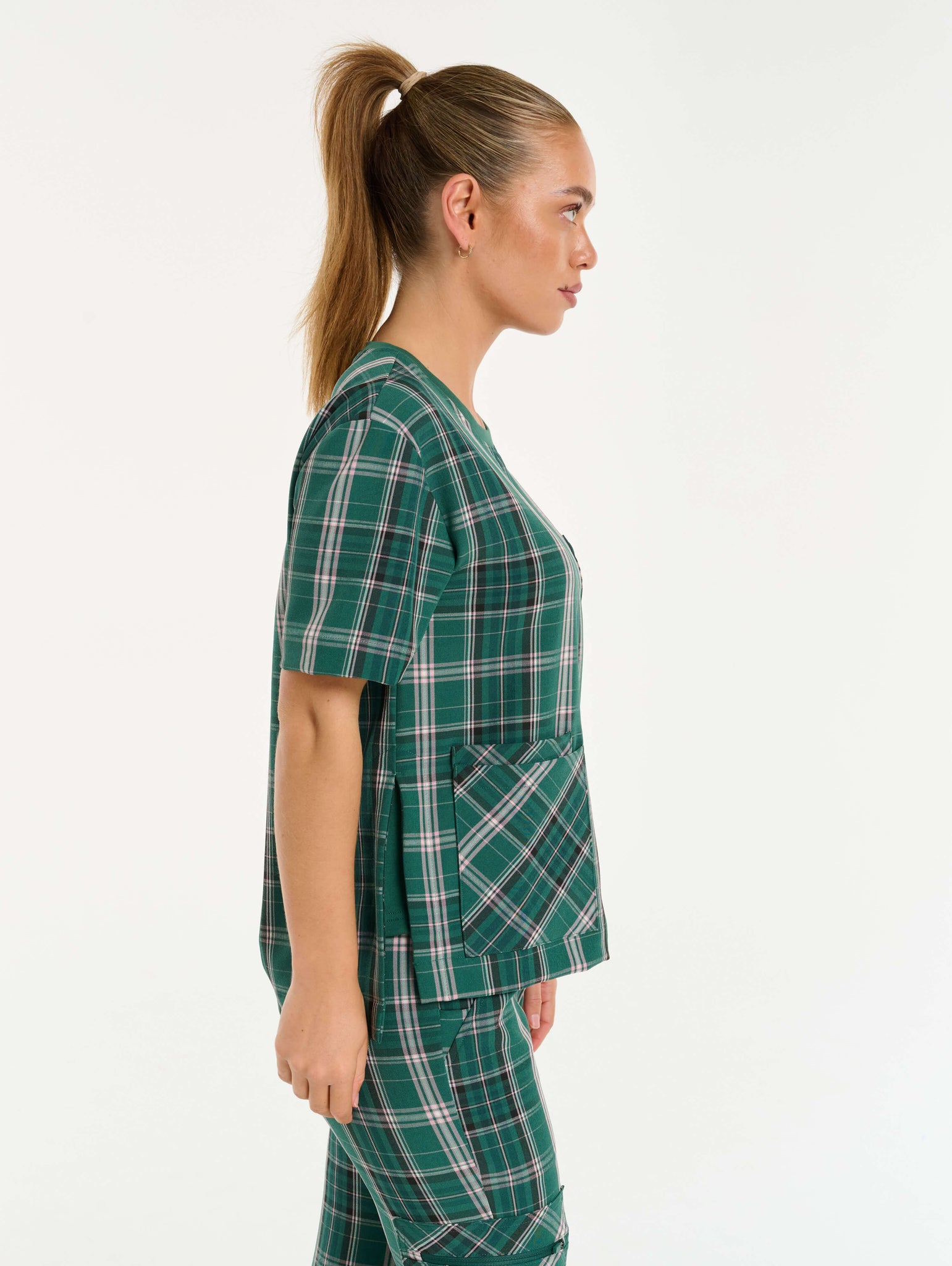 Essential Crewneck Scrub Top - Pink & Green Tartan