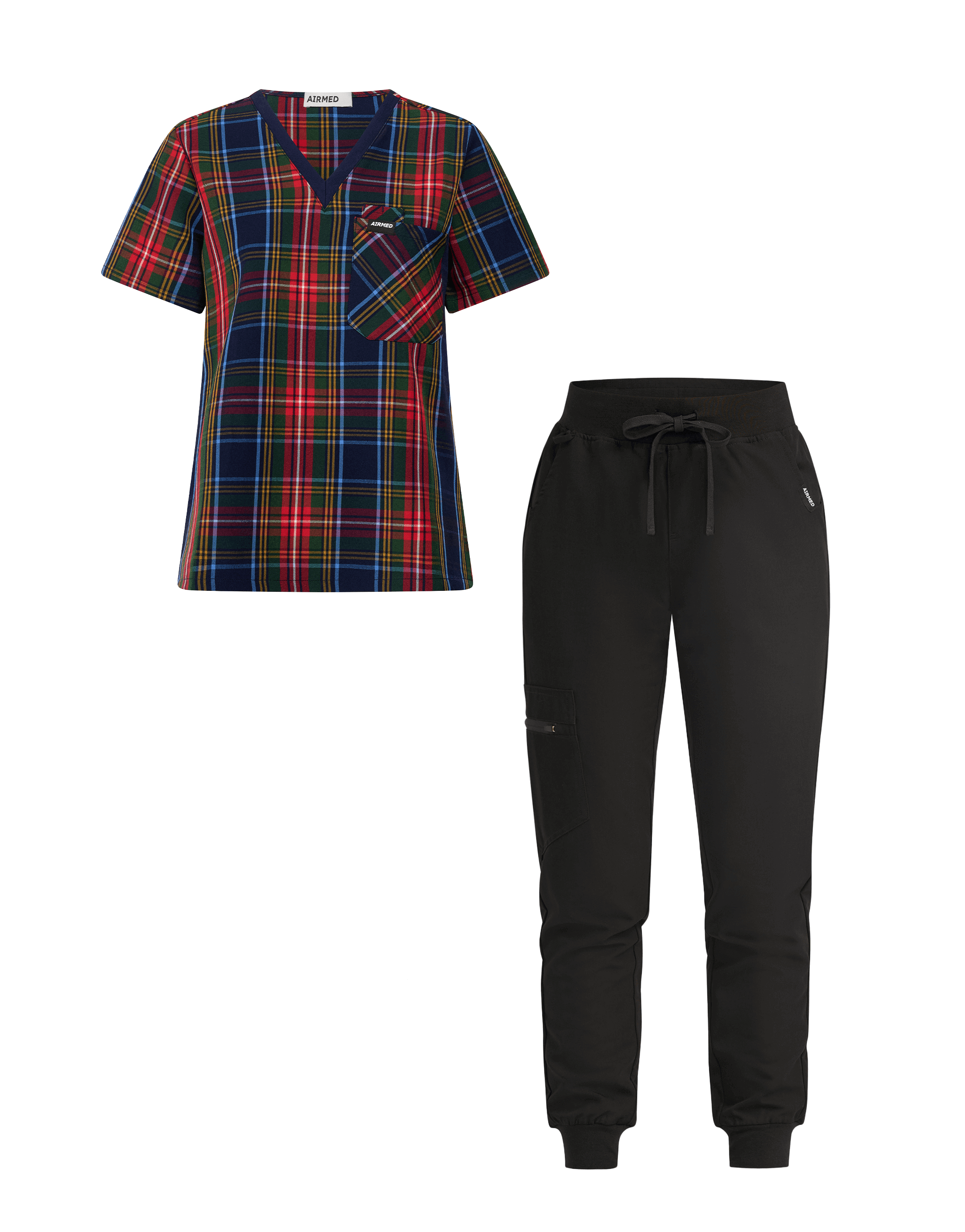 One Pocket V Neck Top and Jogger Pants Set - Blue Tartan and Black