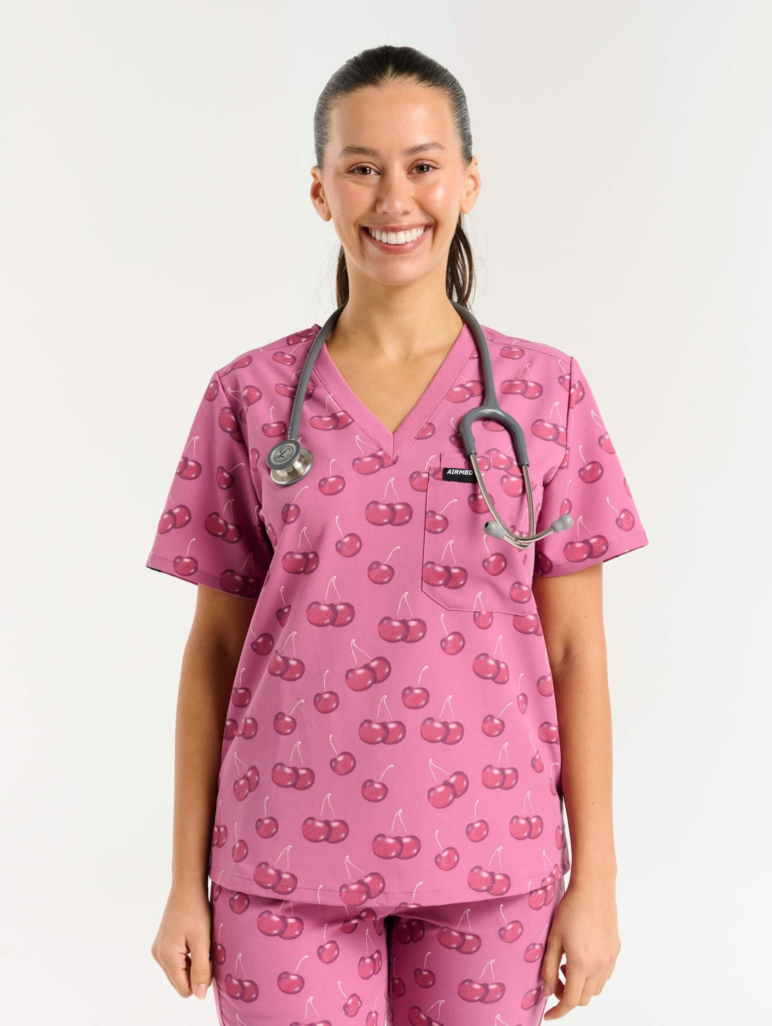 Essential One Pocket V Neck Scrub Top - Cherry Print