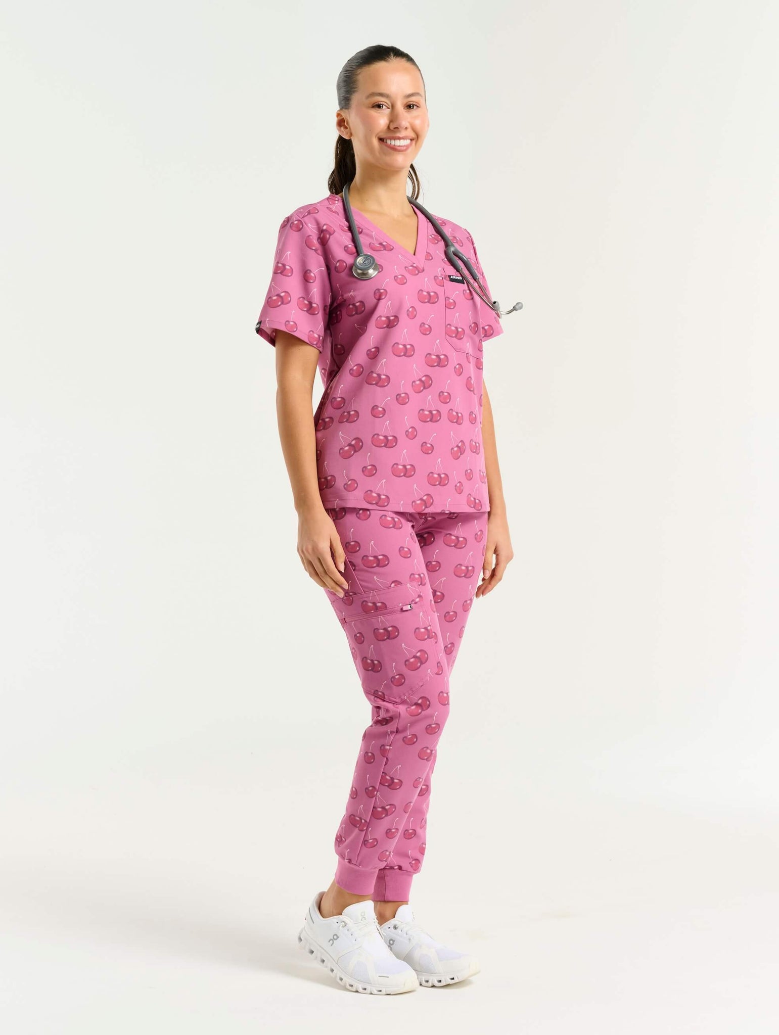 Essential One Pocket V Neck Scrub Top - Cherry Print