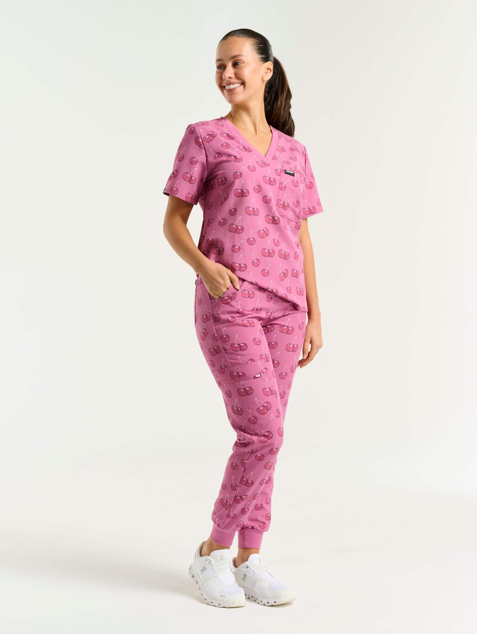 Essential One Pocket V Neck Scrub Top - Cherry Print