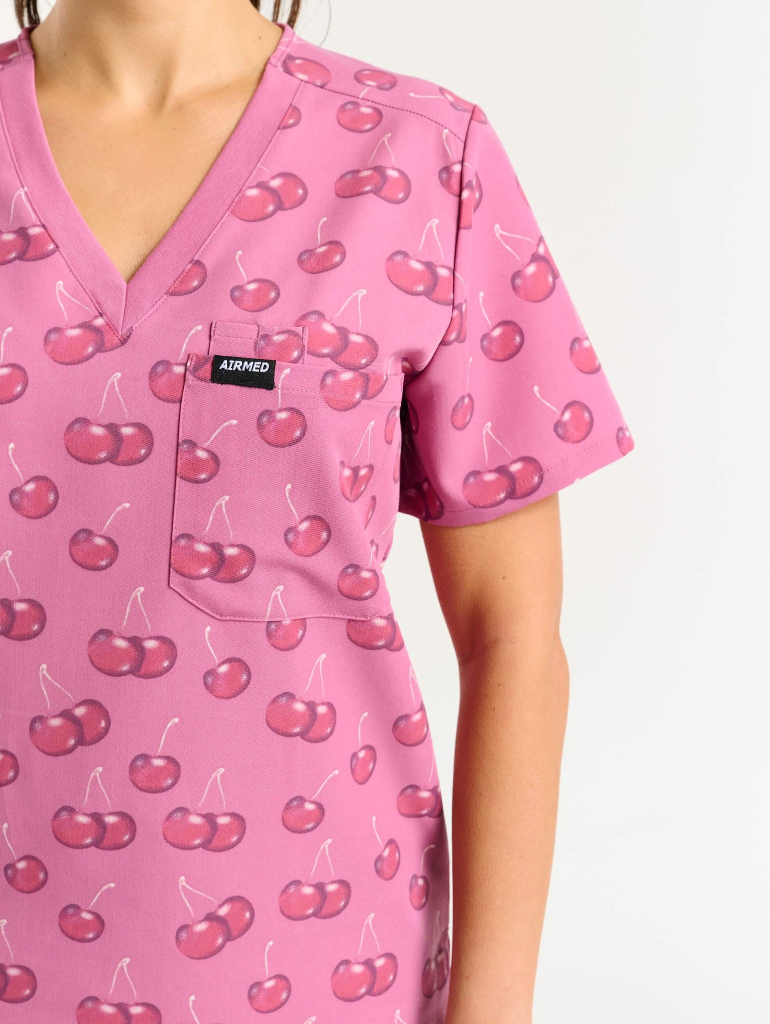 Essential One Pocket V Neck Scrub Top - Cherry Print